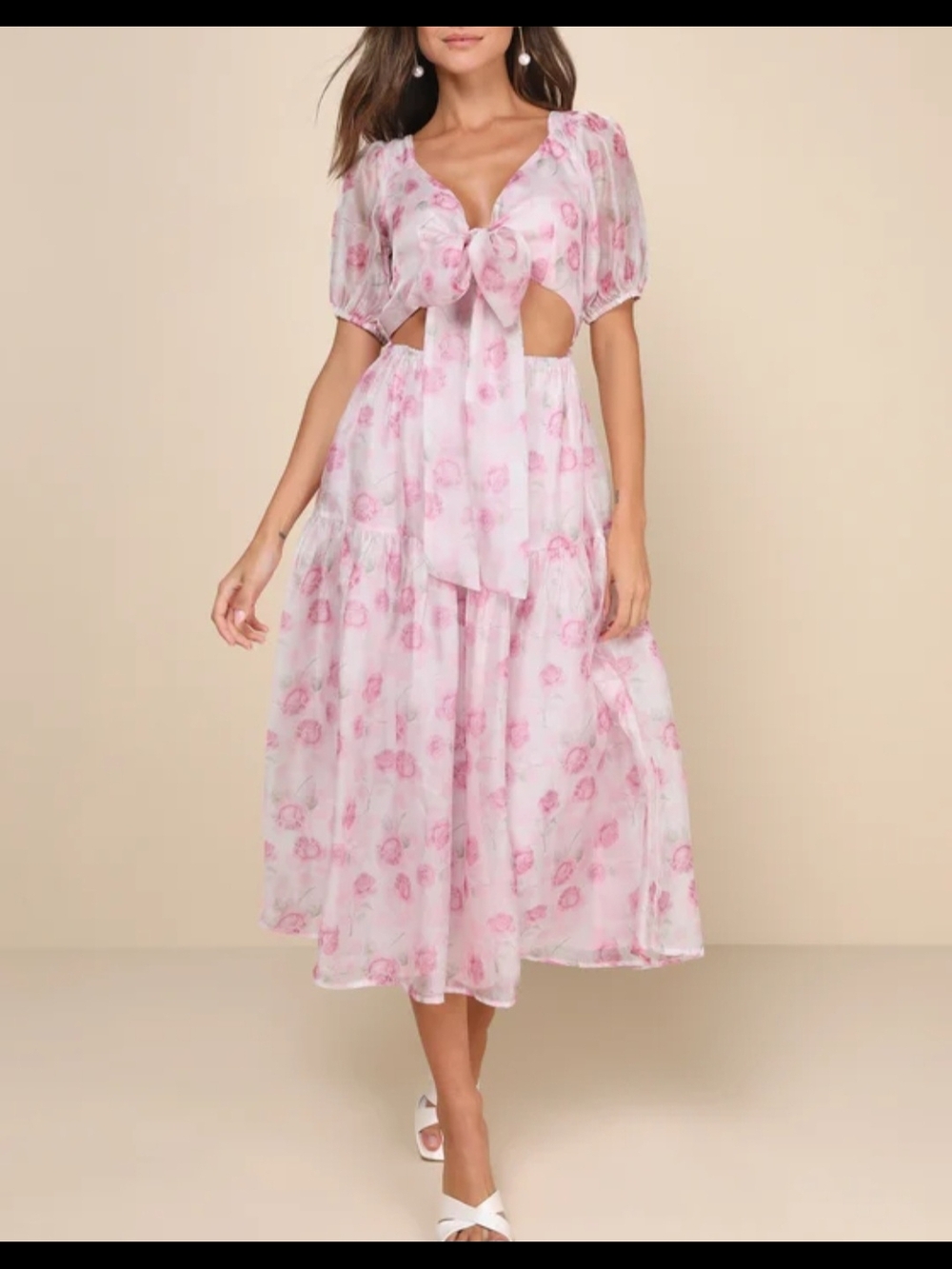 Lulu's Blush Pink Floral Tie-Front Midi Dress